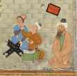 بازیگوشی شاگردان، بخشی از نگاره‌ کلاس درس، اثر بدر الدین استرآبادی، ۹۳۸ قمری، کتابخانه و موزه مورگان