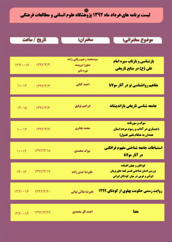 لیست سخنرانی های خرداد 92 پژوهشگاه علوم انسانی ومطالعات فرهنگی