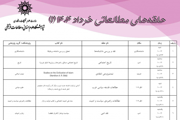 ۳۰ حلقه‌ مطالعاتی در خرداماه برگزار می‌شود + جدول